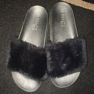 black faux fur sandals